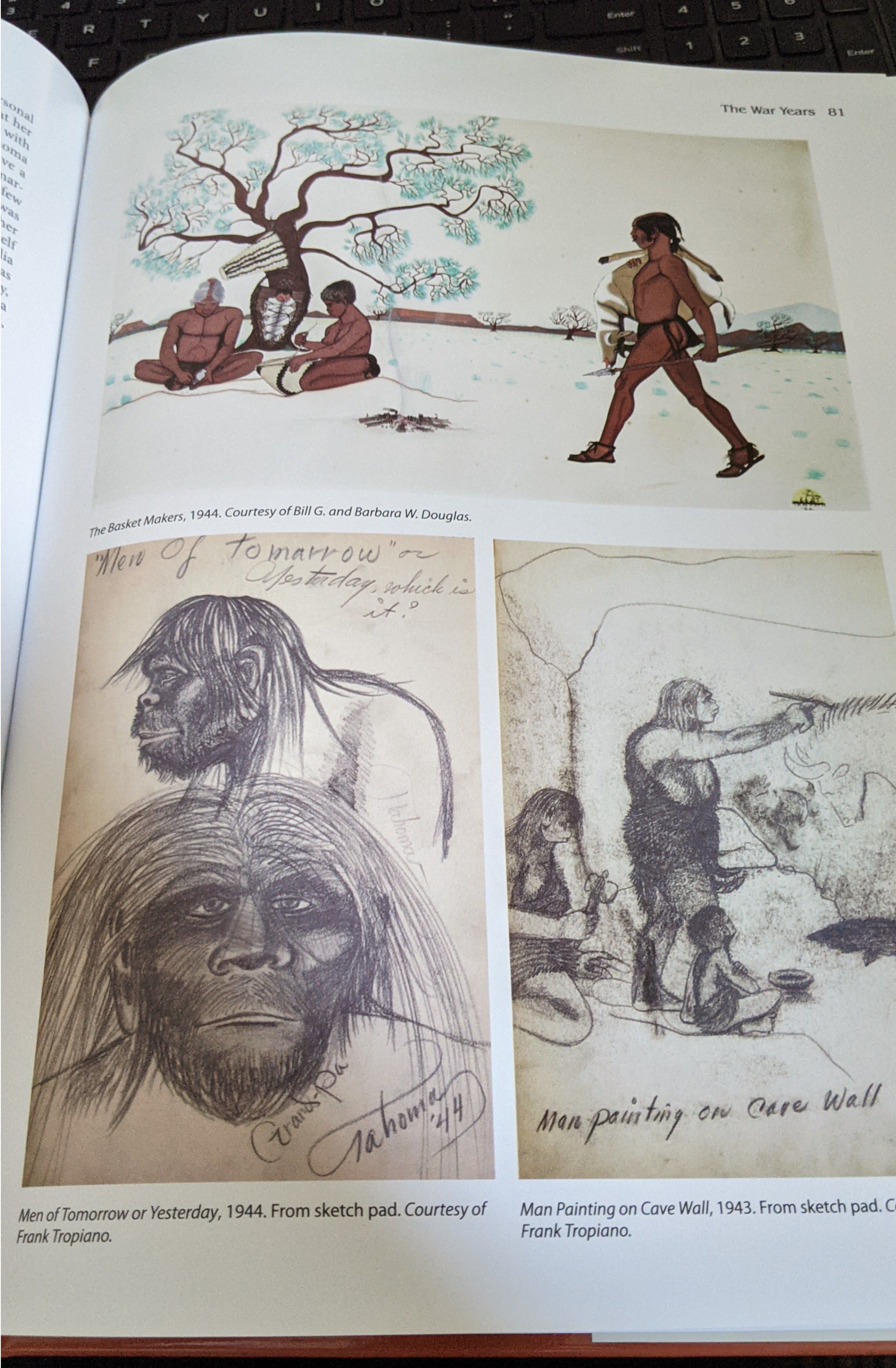 A page from the biography of Quincy Tahoma that shows some of his illustrations.