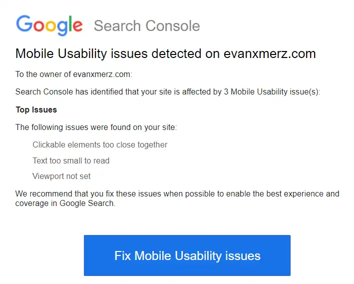 Email from Google reporting mobile usability issues.